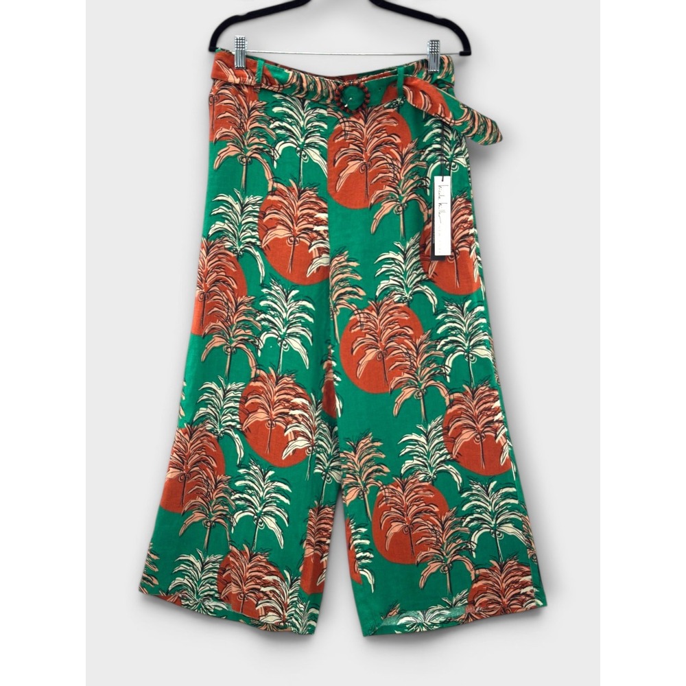 Nicole Miller Linen‎ Pants Tropical Print Wide Leg Belted Large Resort Vacation